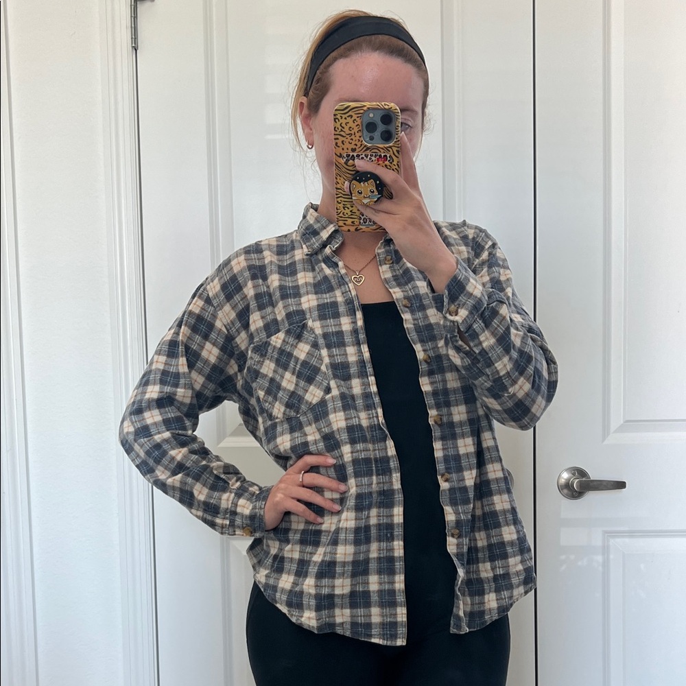 Sky Plaid Flannel Shirt Jacket in Cream, Navy & Brown with Orange Stripe